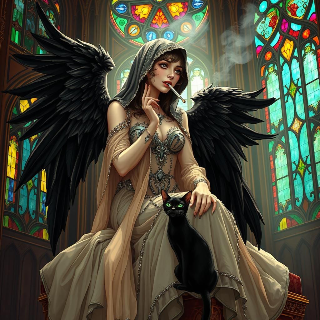 Art Deco Angel with Black Wings in Cathedral