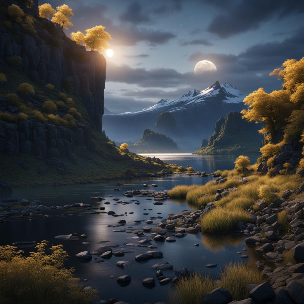 Moonlit Columbia River Gorge: Detailed Matte Painting