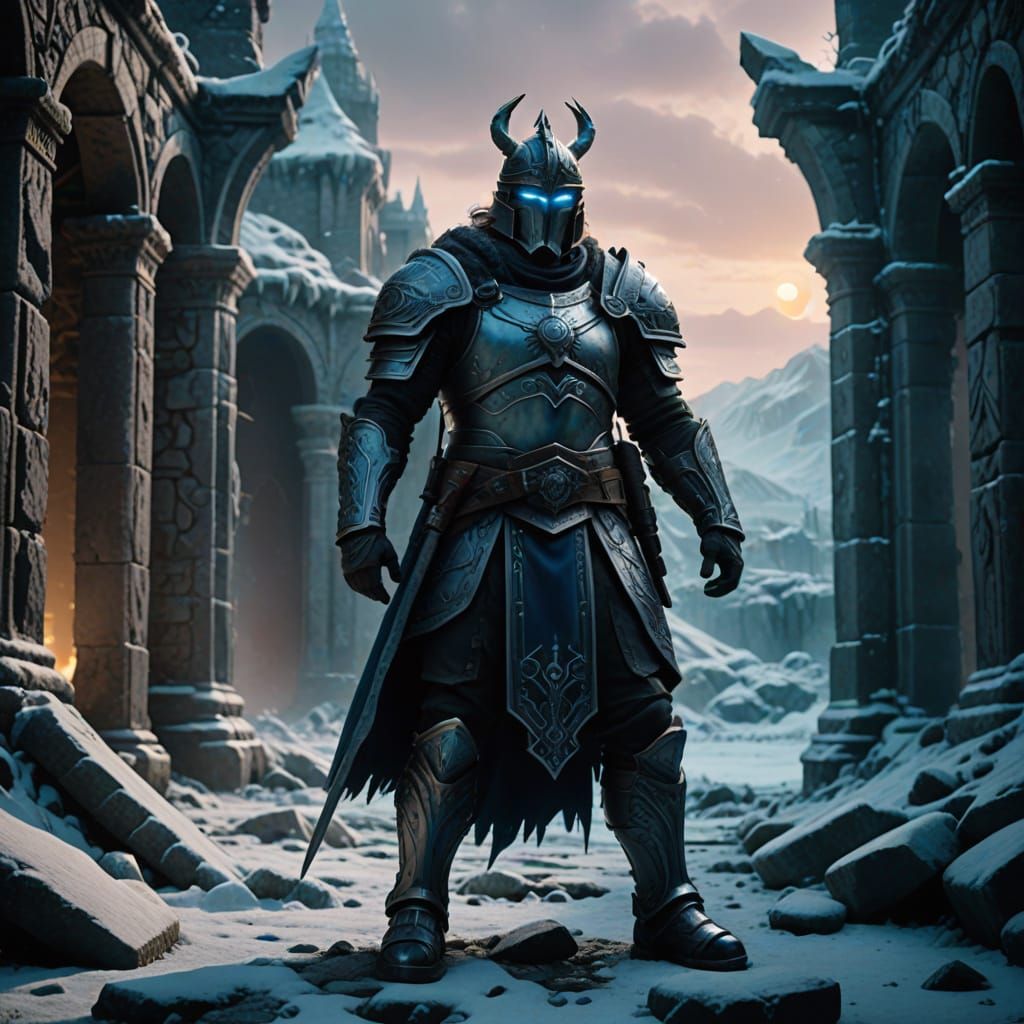 Warrior in Frozen Ruins, Cinematic Dark Fantasy Art