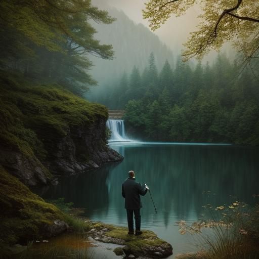 Serene Surreal Landscape with Waterfall in Oil Paint Style