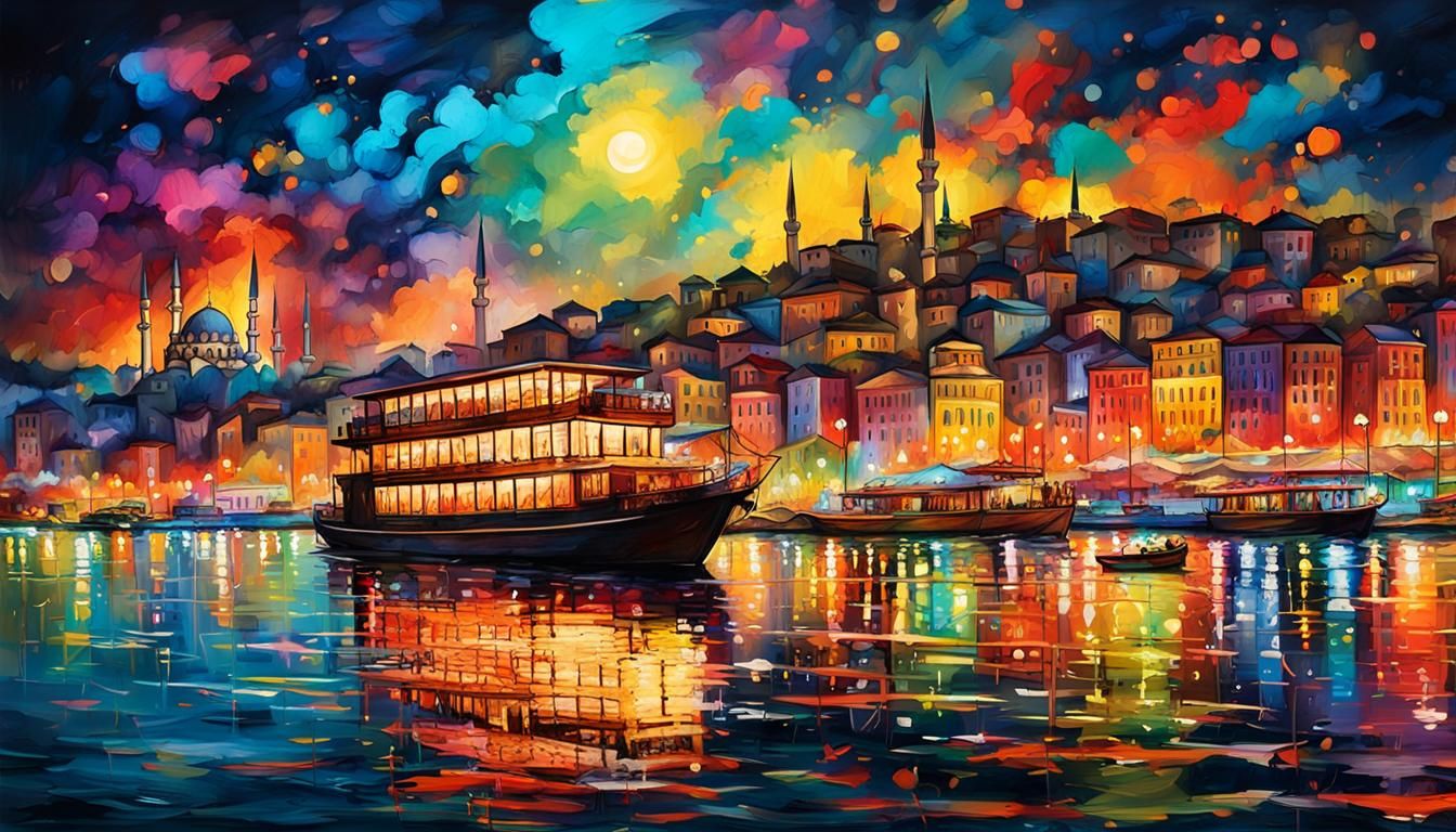 Istanbul City Lights at Night: Graffiti Art Style
