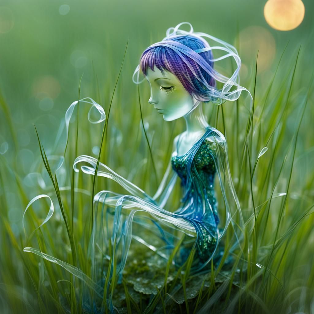 Translucent Glass Figures in Rainy Meadow