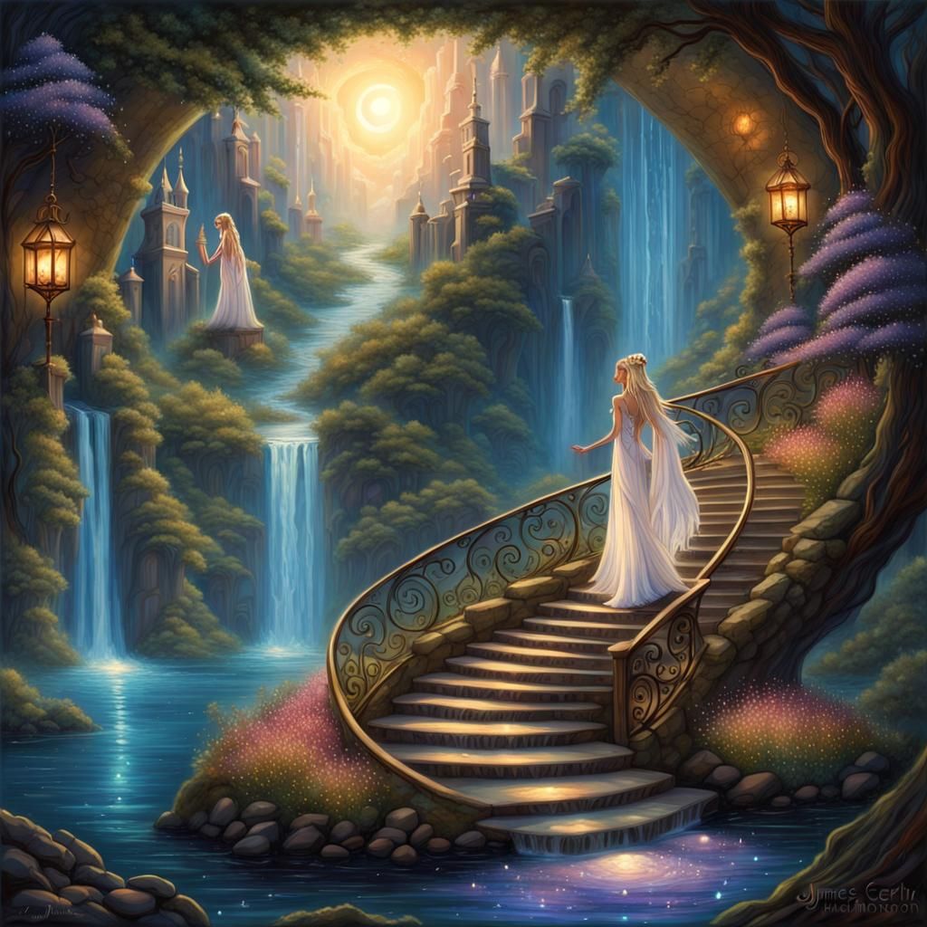Elven Princess in Fairytale Landscape with Portal