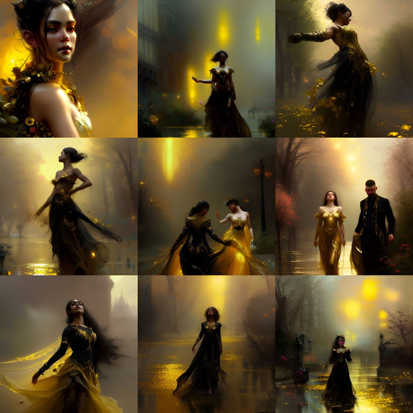 Black and Gold Figures in Ethereal Fantasy Style