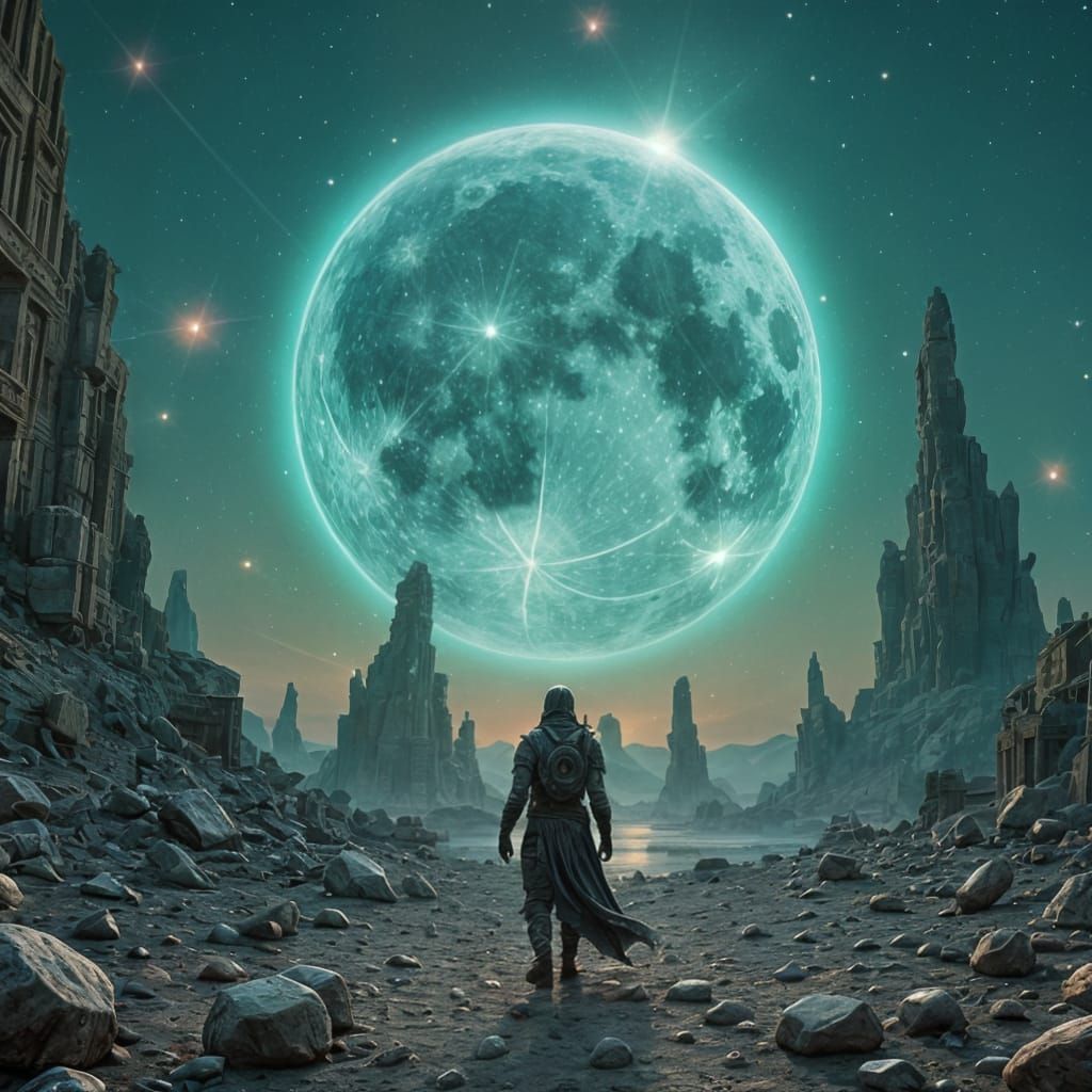 Lone Warrior Under Alien Sky with Green Moon and Pink Nebula...