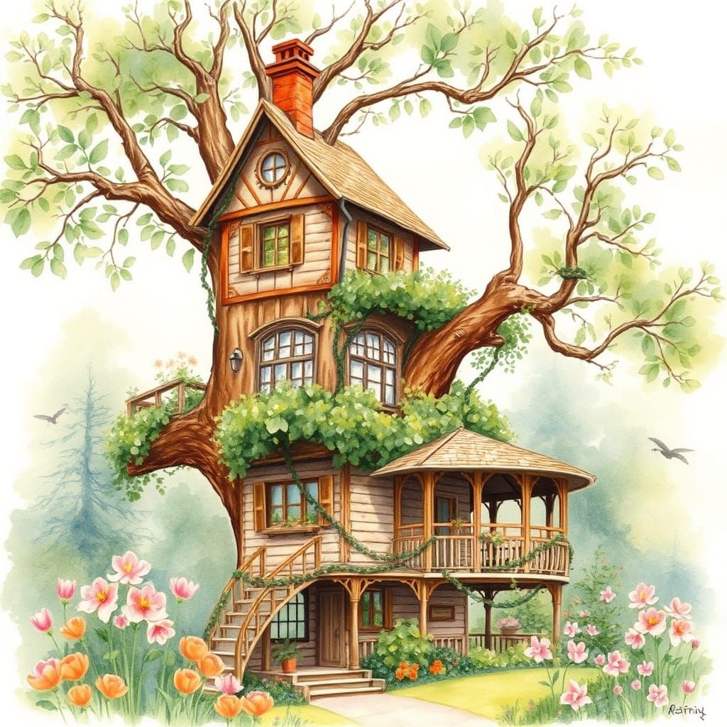 Charming Victorian-Style Treehouse in Dreamy Watercolours