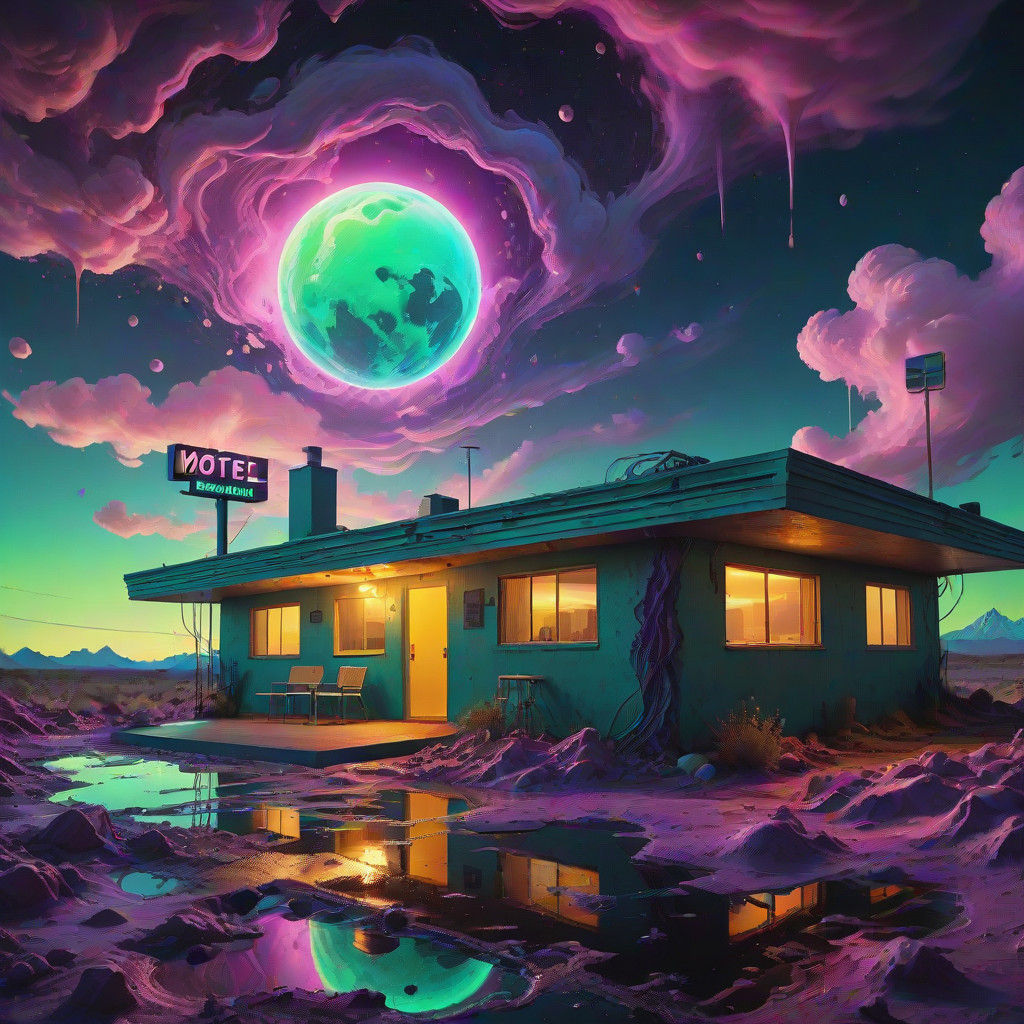 Surreal Exoplanet Scene: Pink Dots Motel Melted in Alien Wax