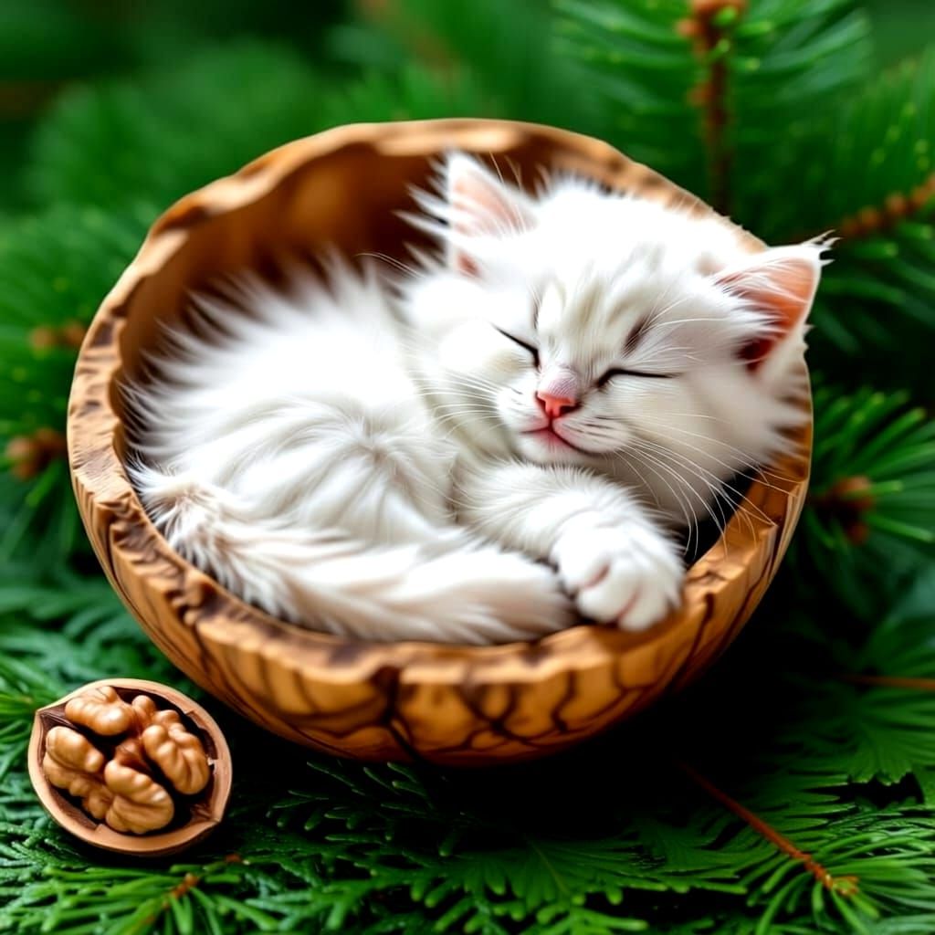Tiny Fluffy Cat Curls Up in Walnut Shell