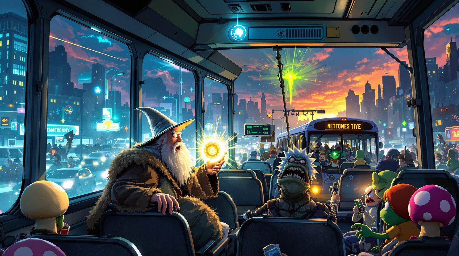 Overcrowded Bus with Gandalf and Rick, in Digital Art Style
