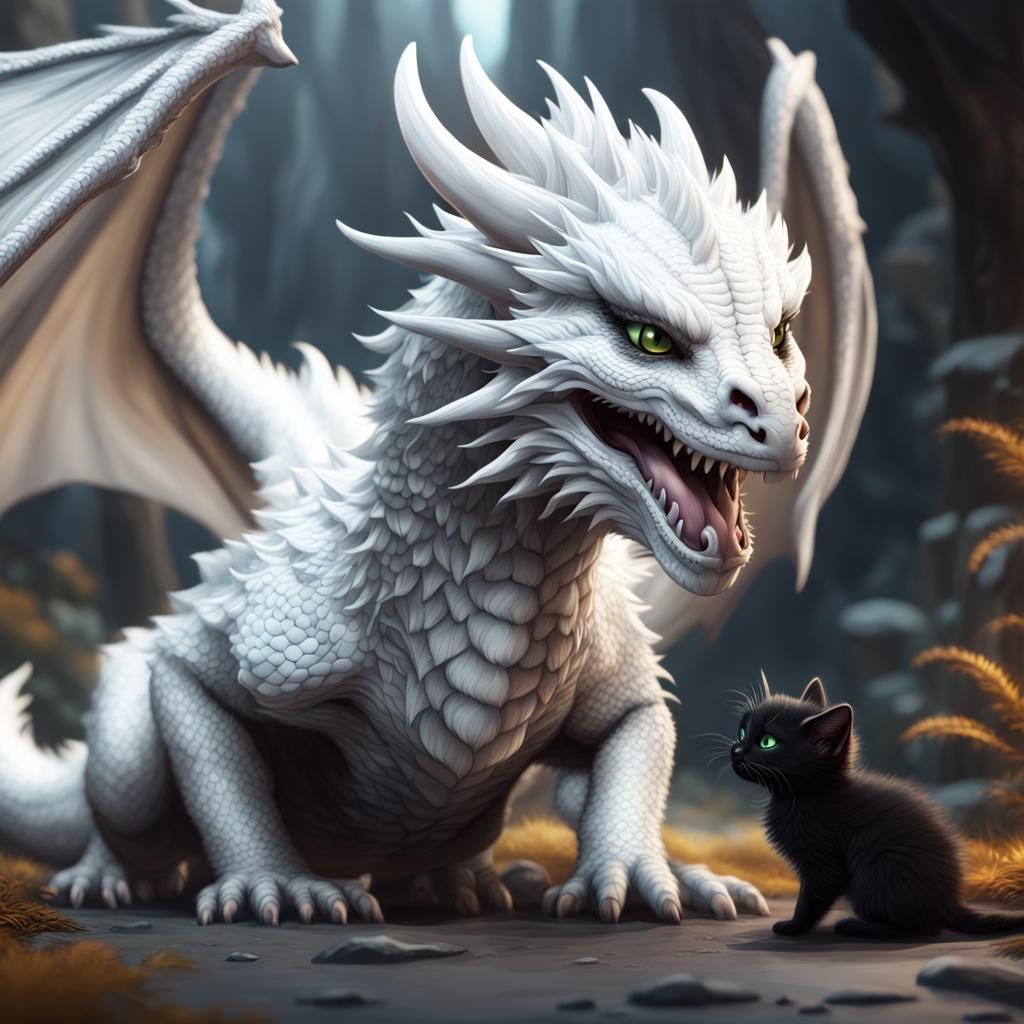 Fluffy White Dragon with Kitten: Fantasy Concept Art