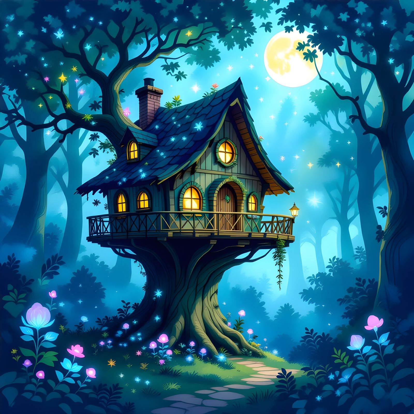 Enchanted Forest Treehouse in Watercolor Style