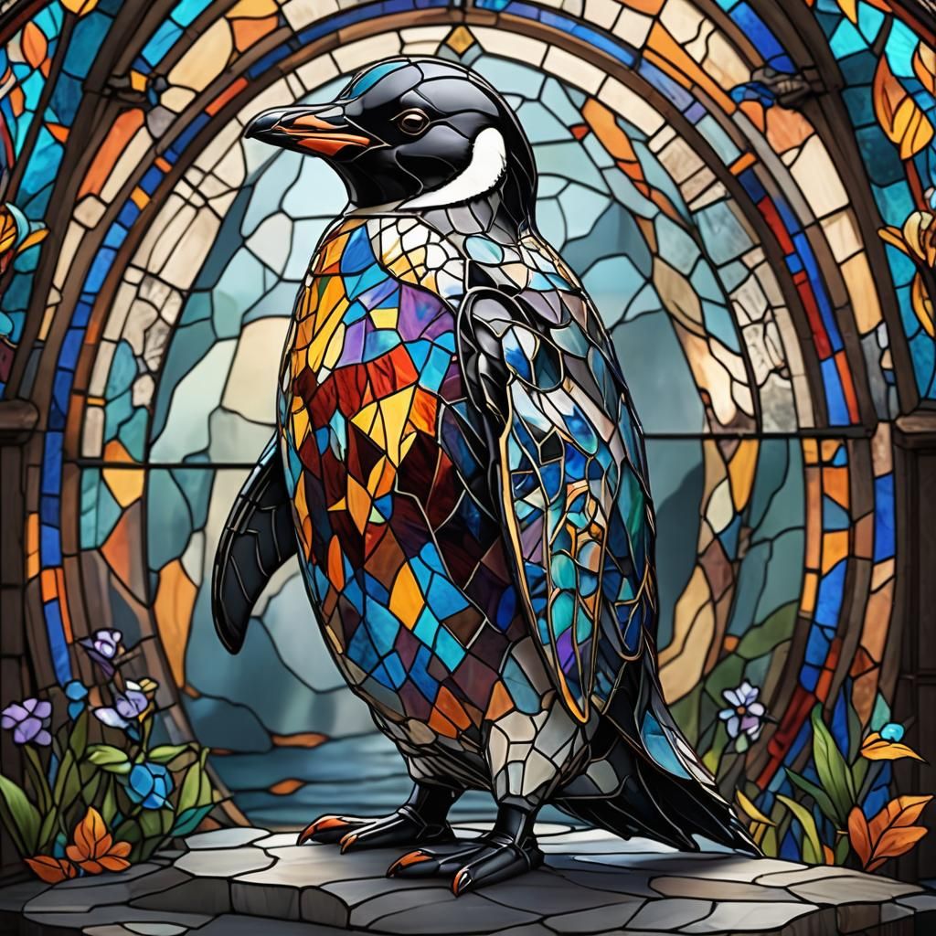 Stained Glass Penguin: Detailed Fantasy Art
