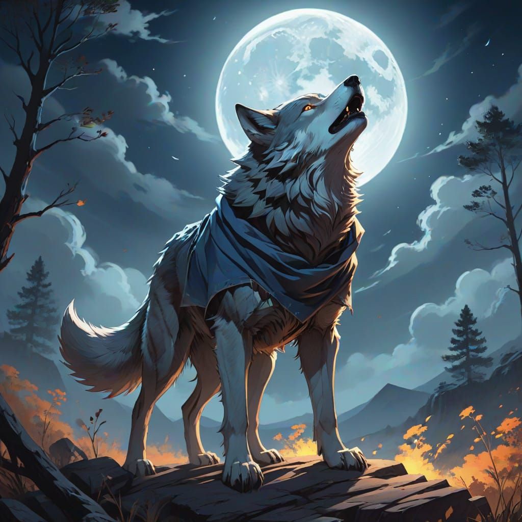 Cyberpunk-Style Wolf Emerges at Full Moon