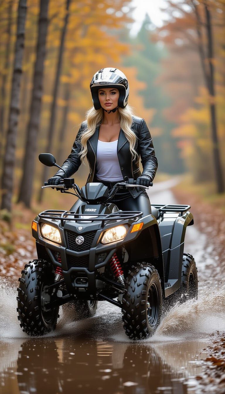 Woman Rides Quad Bike Through Autumn Woods