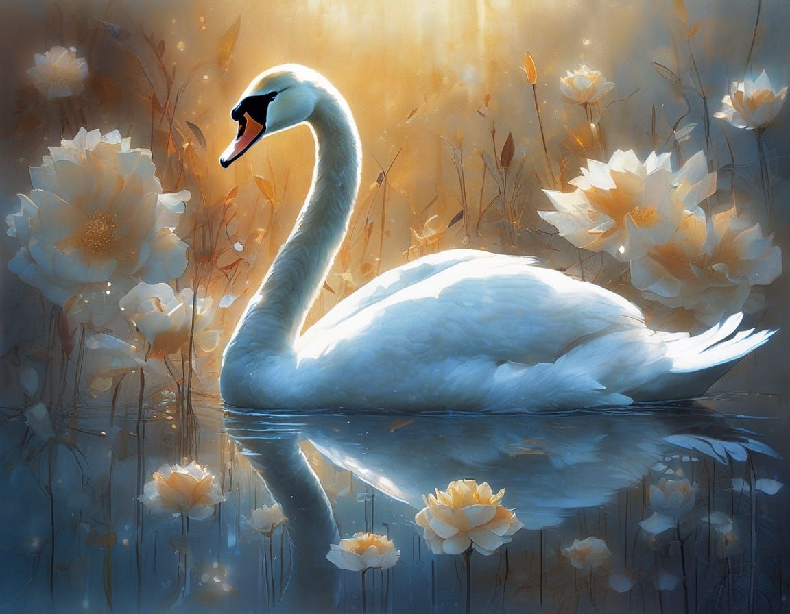 Ethereal Swan with Bioluminescent Flowers: Surreal Digital A...