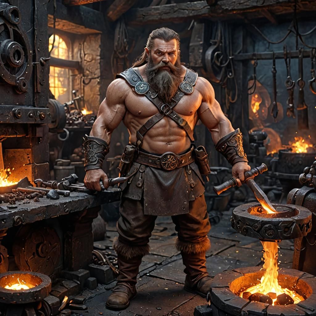 Dwarf Blacksmith in Ancient Forge, Digital Matte Painting