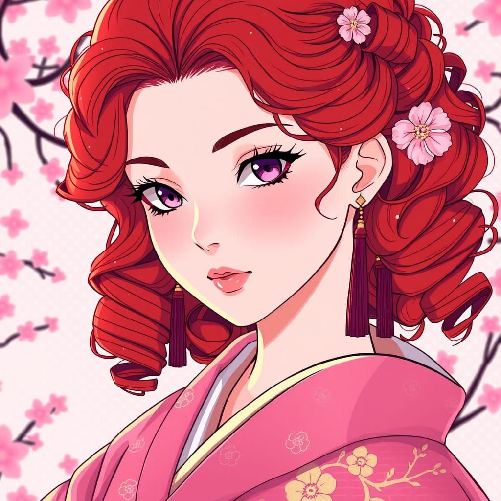 Vibrant Japanese Princess in Pink Kimono with Purple Eyes
