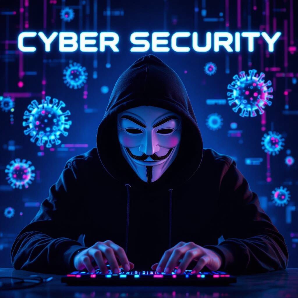 Anonymous Hacker Typing "CYBER SECURITY" in Neon Cyberpunk S...