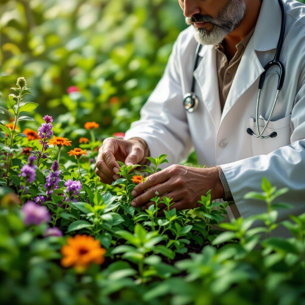 Ancient Indian Physician Tending Medicinal Herb Garden