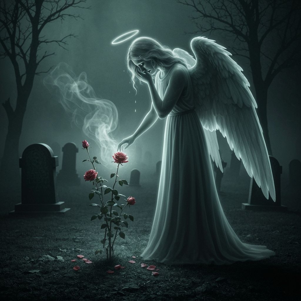 Spectral Angel Weeping Over Roses in Desolate Graveyard