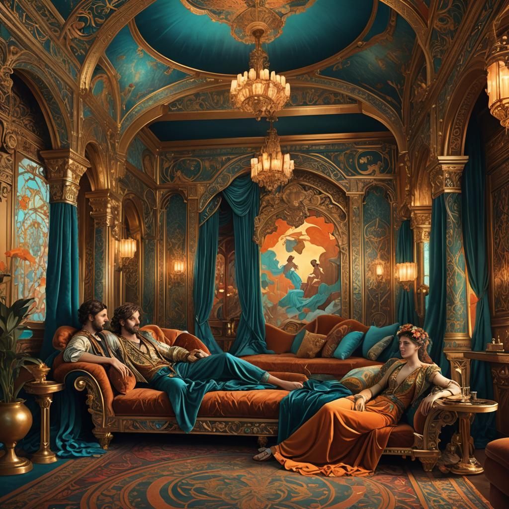 Apollos Immortals in Ornate Chamber, Art Nouveau Style