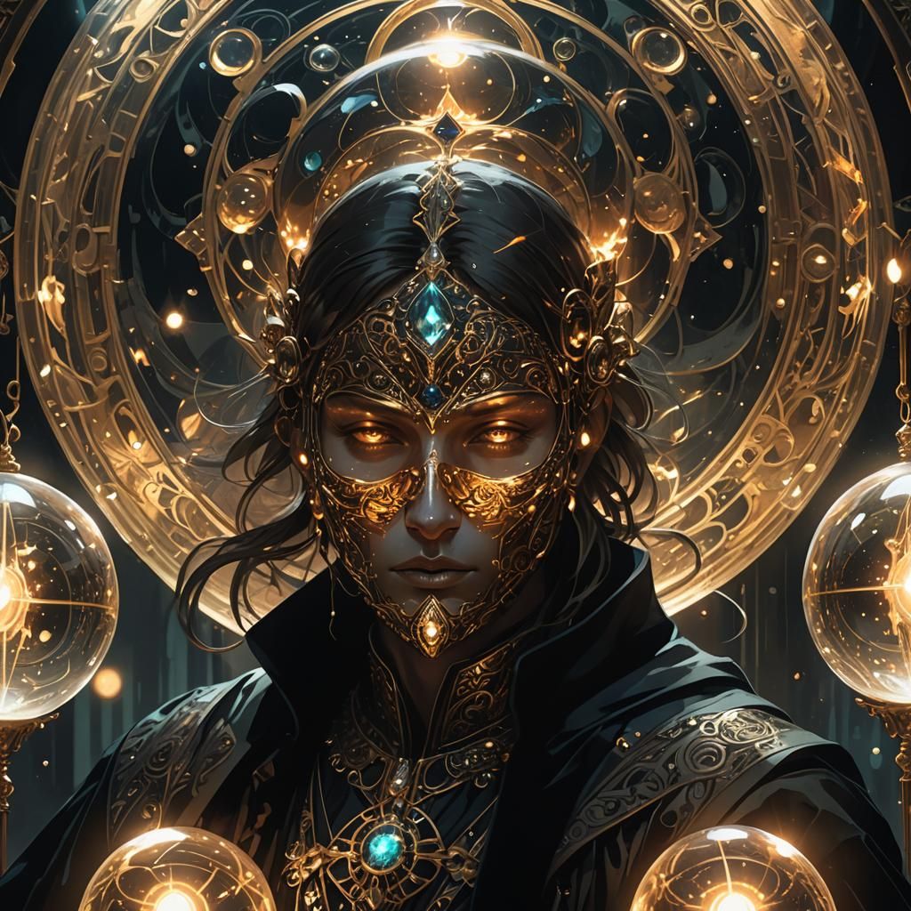 Figure Emerges from Glowing Orb in Art Nouveau Style