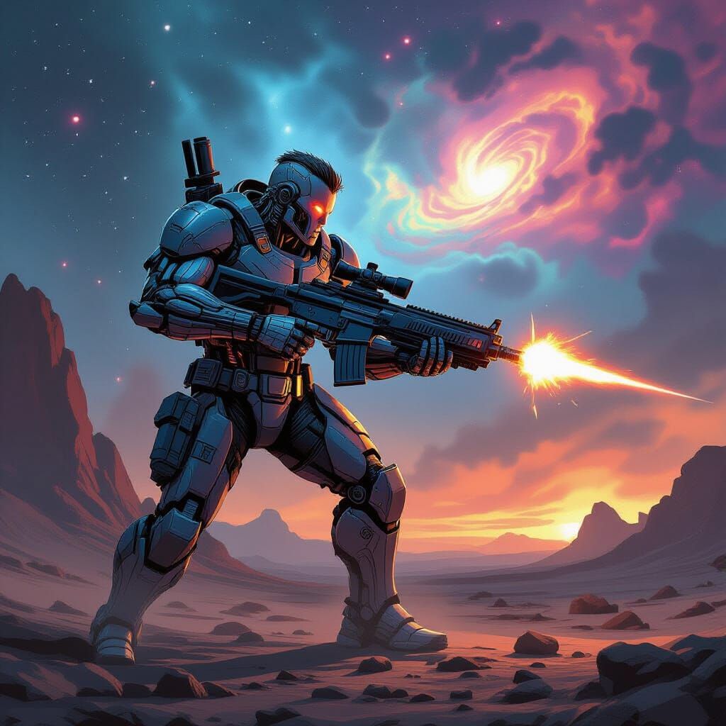 Futuristic Cyborg Warrior on Alien Planet