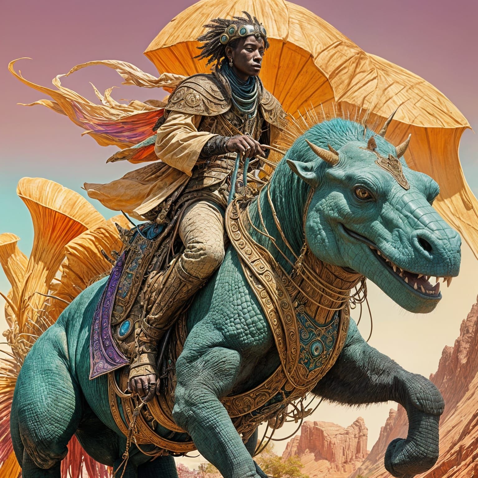 Druid Rides Komodo Golem in Afrofuturistic Savanna