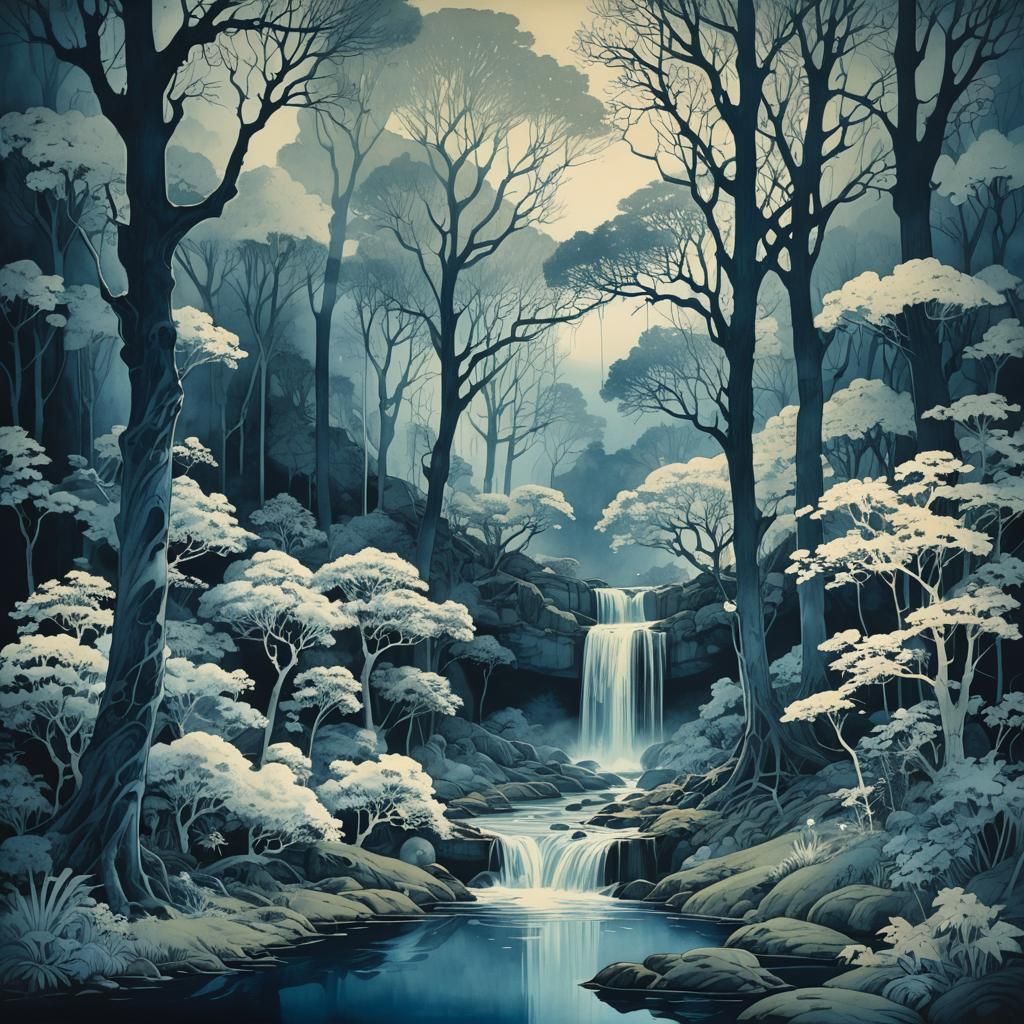 Ethereal Cyanotype Landscape with Waterfall in Biopunk Style
