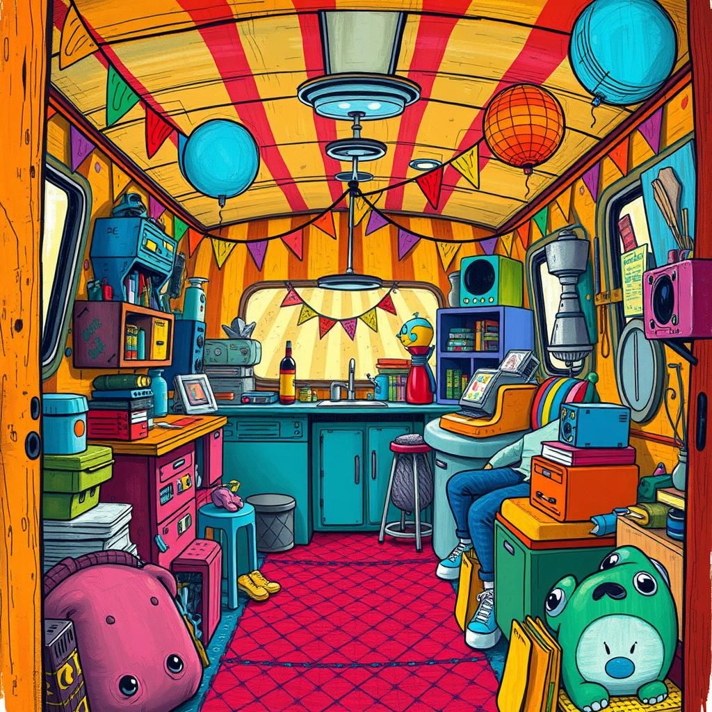 Colorful Circus Trailer Interior in Naive Digital Art Style