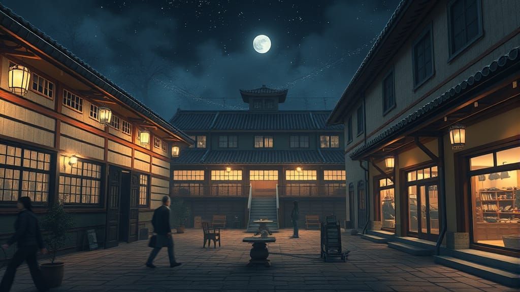 Cozy Military Courtyard at Night in 3D Anime Style