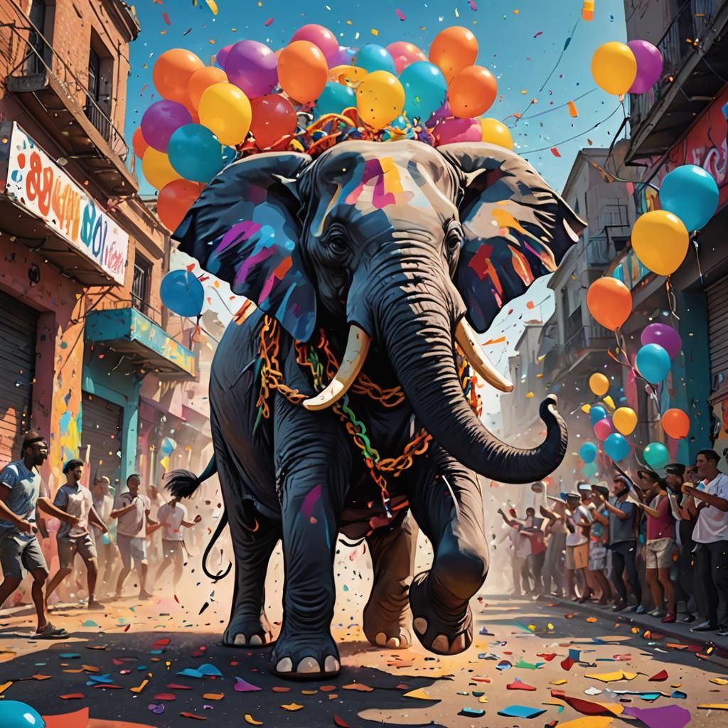 Elephant Escapes Carnaval in Fauvist Street Art