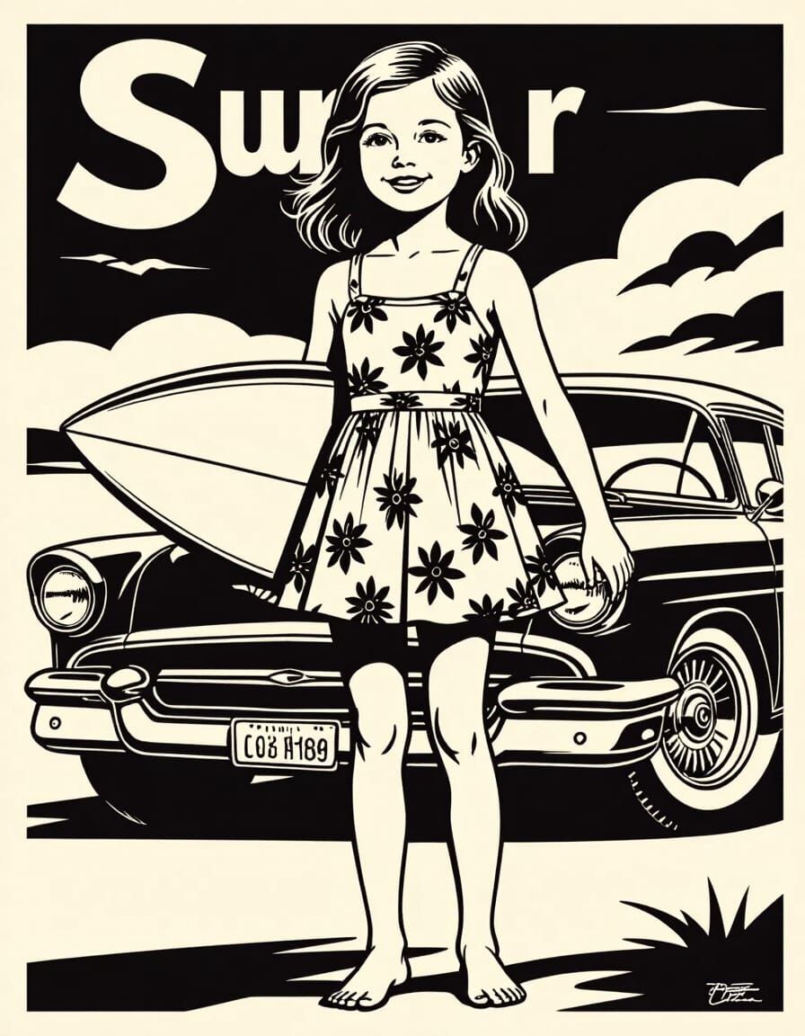 Girl with Surfboard and Car: 1950s Vector Art
