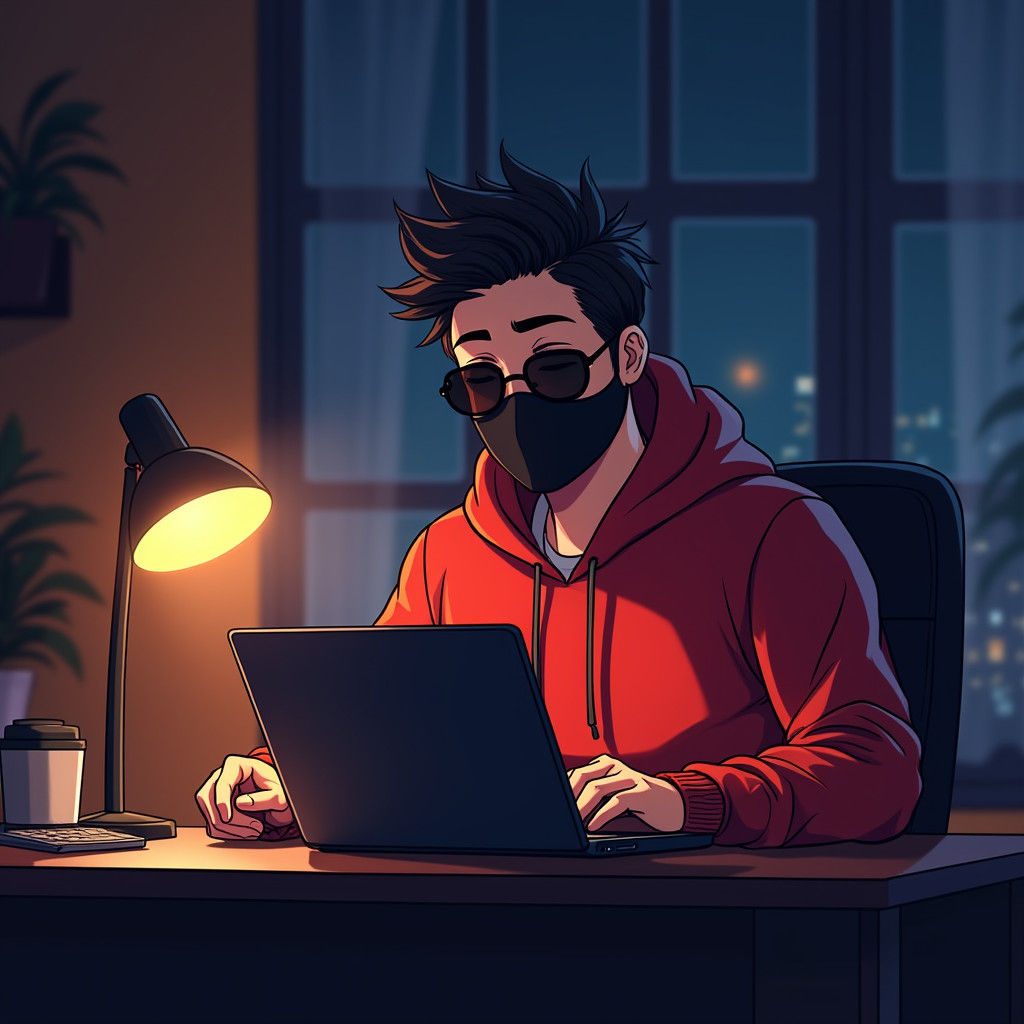 Man in Red Hoodie Working, Anime Style