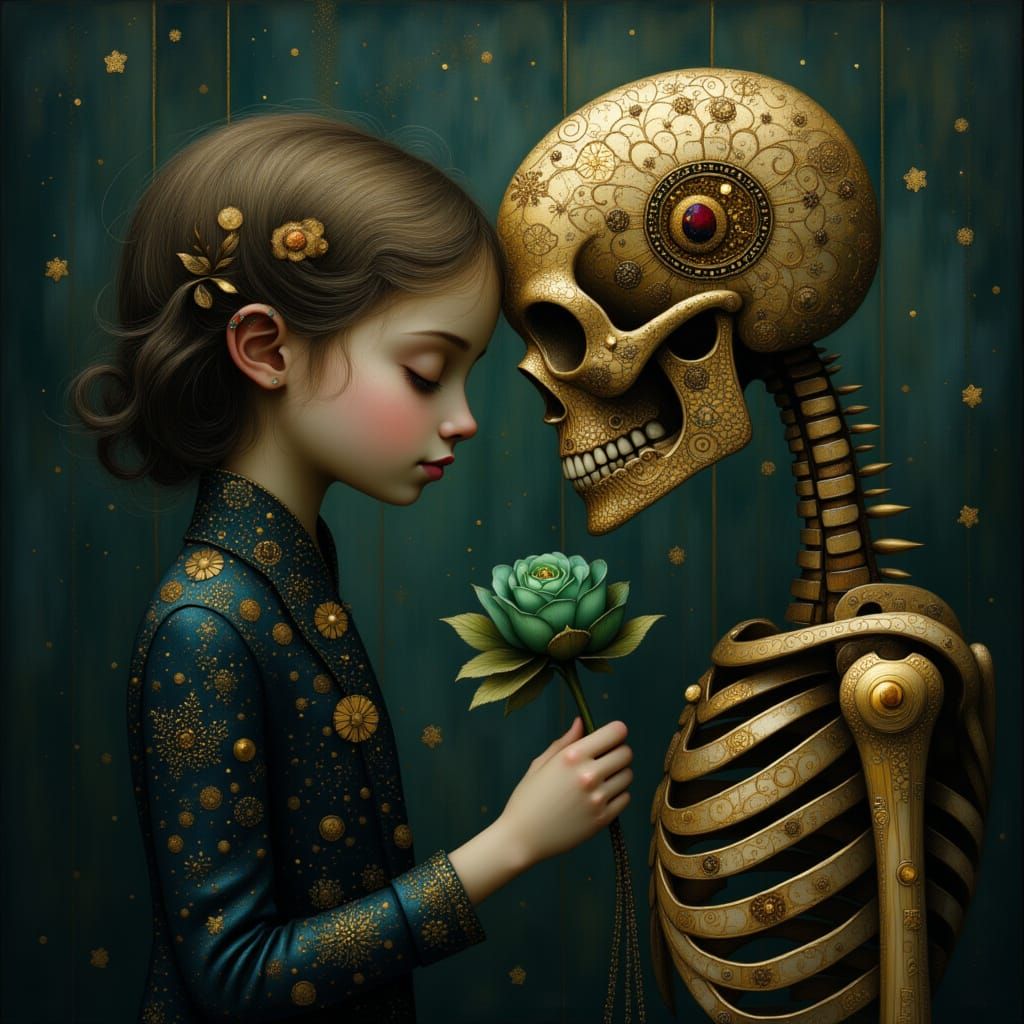 Intimate Baroque Scene with Woman and Golden Skeleton