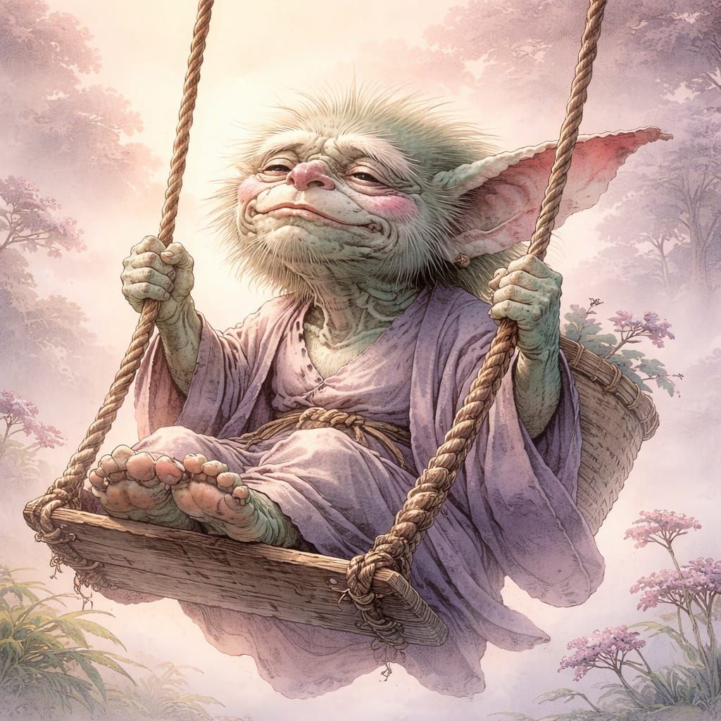 Ukiyo-e Gremlin on Swing in Dreamscape