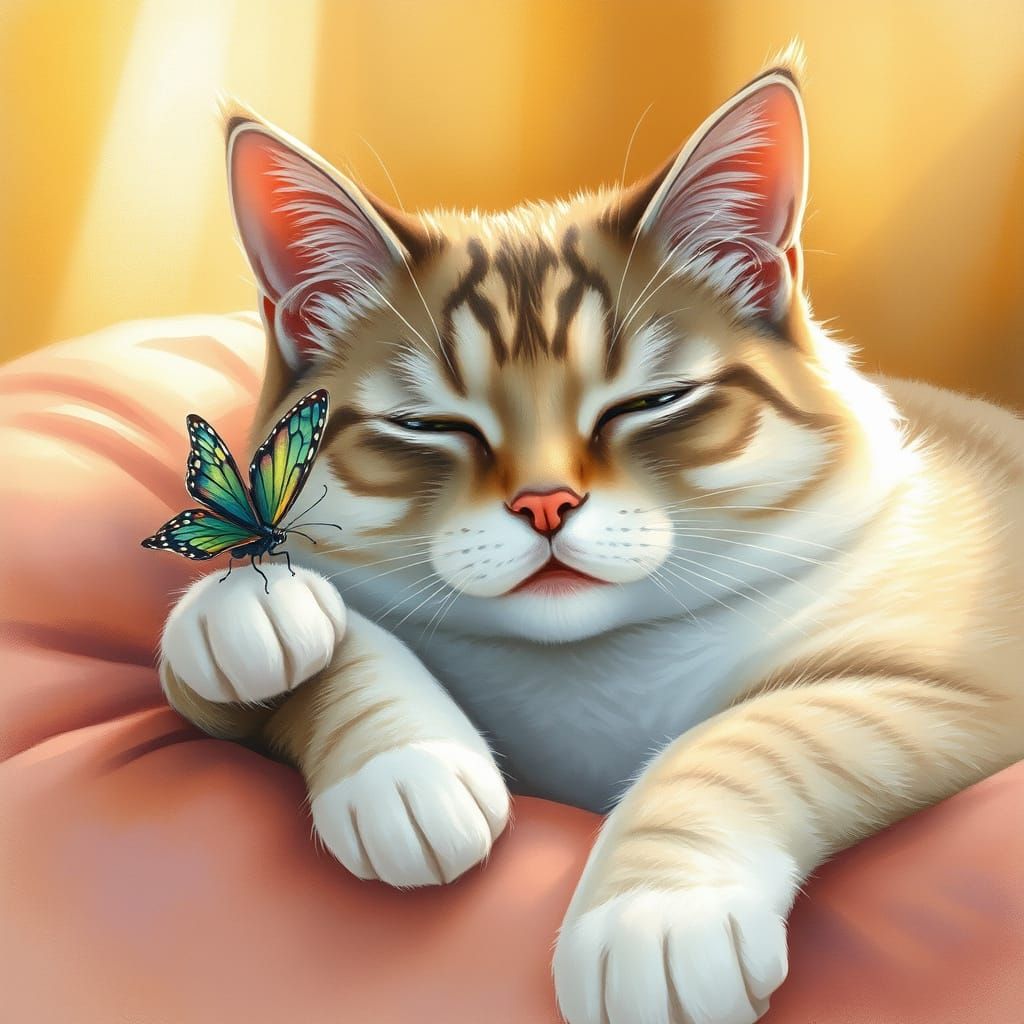 Cat with Butterfly in Dreamlike Watercolor Style