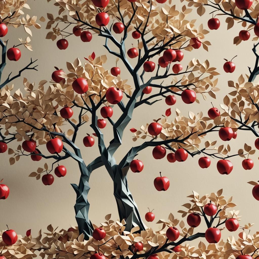 Intricate Paper Apple Tree: Hyper-Realistic Digital Art