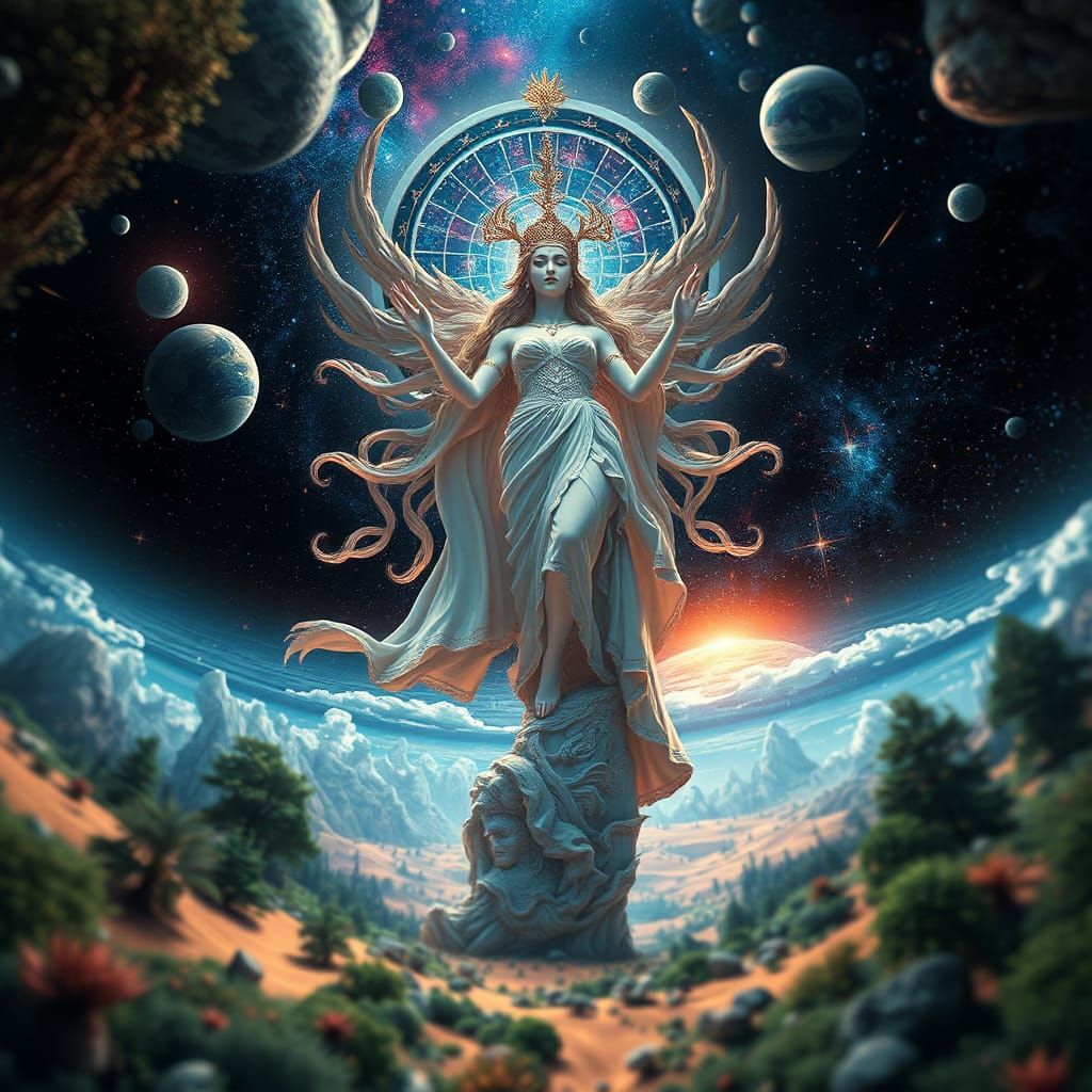 Surreal Goddess with Sea, Forest, and Space