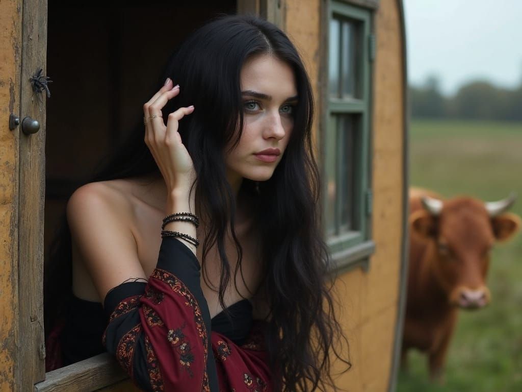 Mysterious Gypsy Woman in Nightgown with Raven Hair
