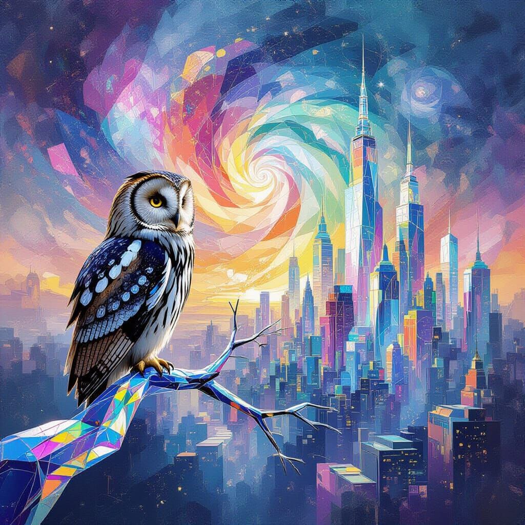 Stoic Owl Over Glass City Under Cosmic Sky