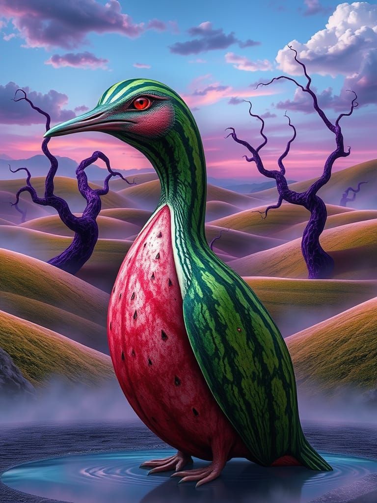 Watermelon loon in a weirdcore landscape
