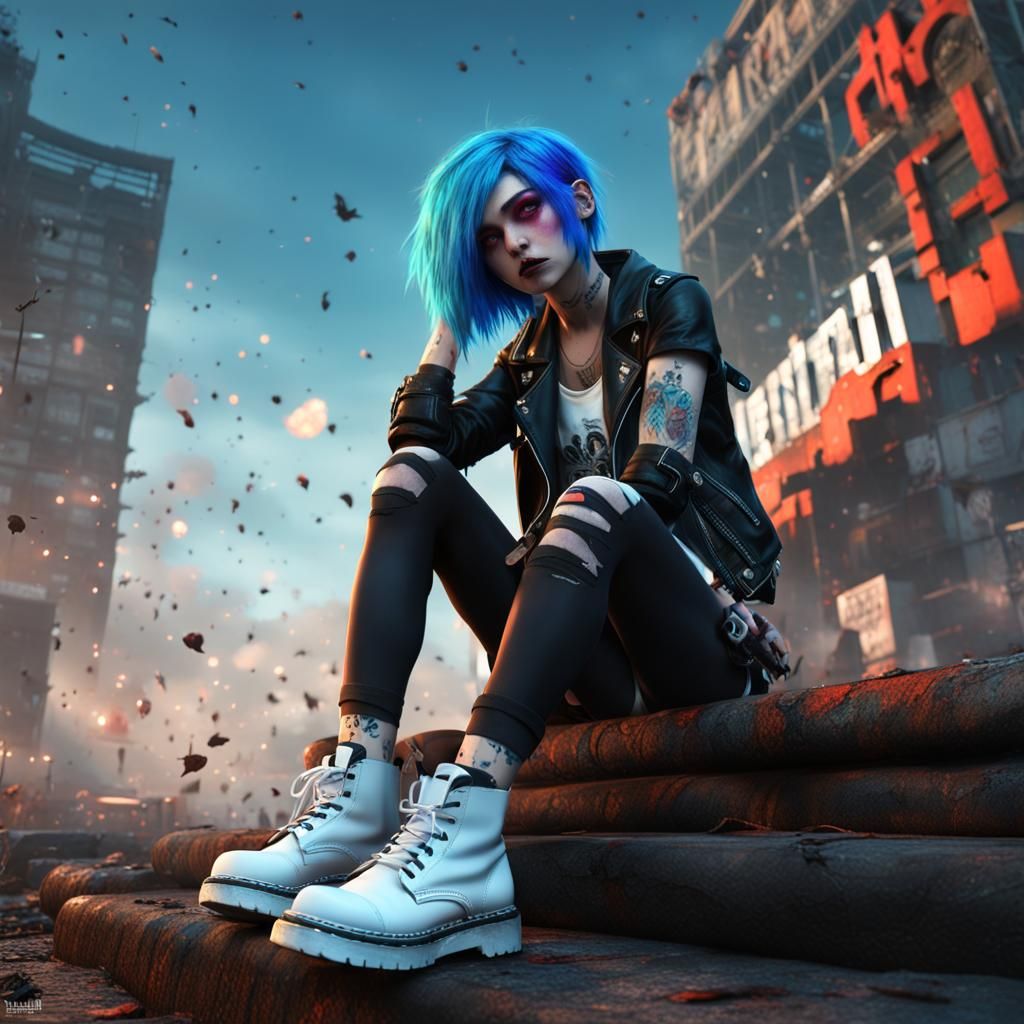 Emo Rebel Girl with Blue Hair, Digital Art