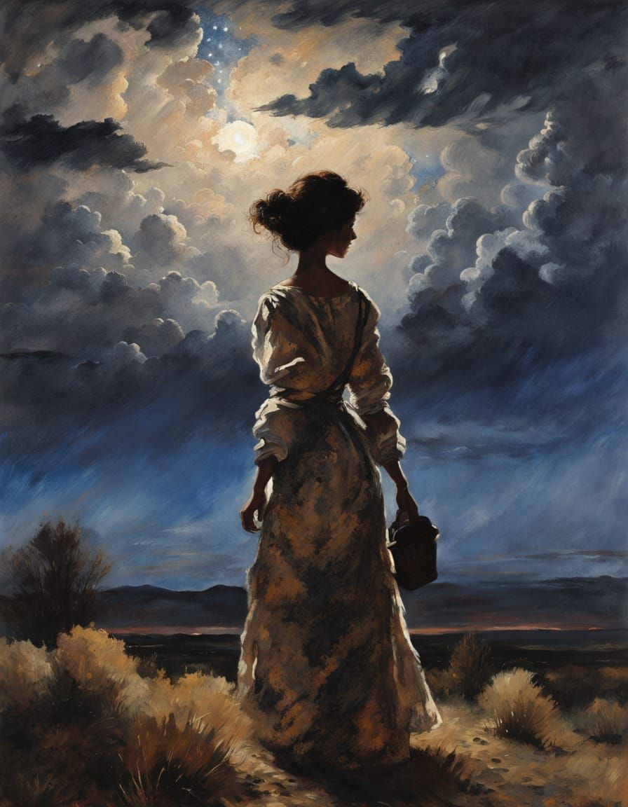 Woman Silhouette in Steppe Under Night Sky, Baroque Oil