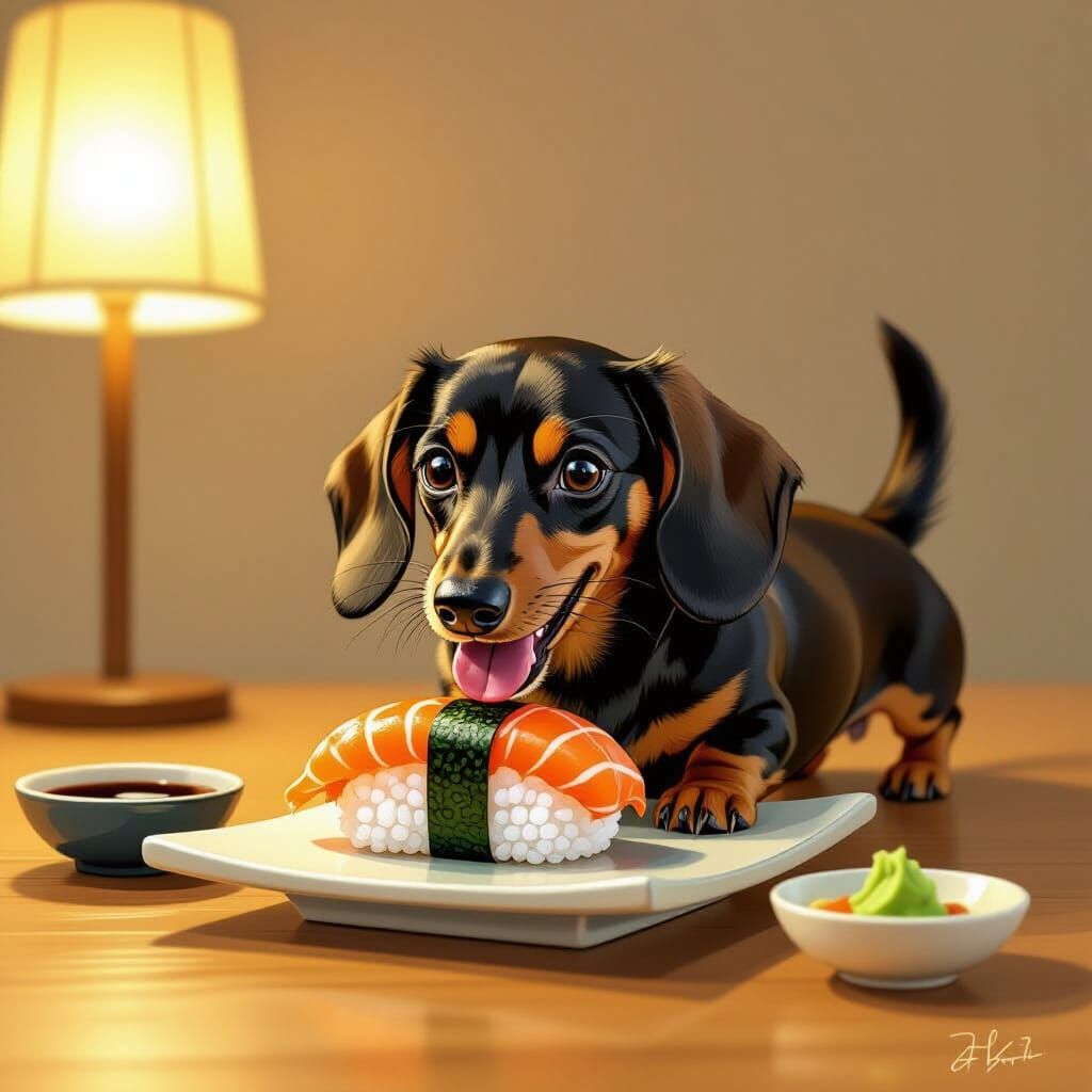 Dachshund Enjoys Sushi in Whimsical Digital Art