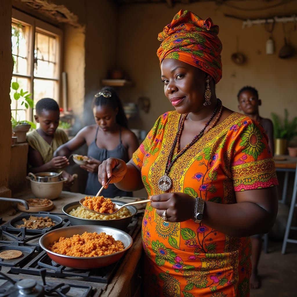 African Mother Cooking in Cozy Village Kitchen