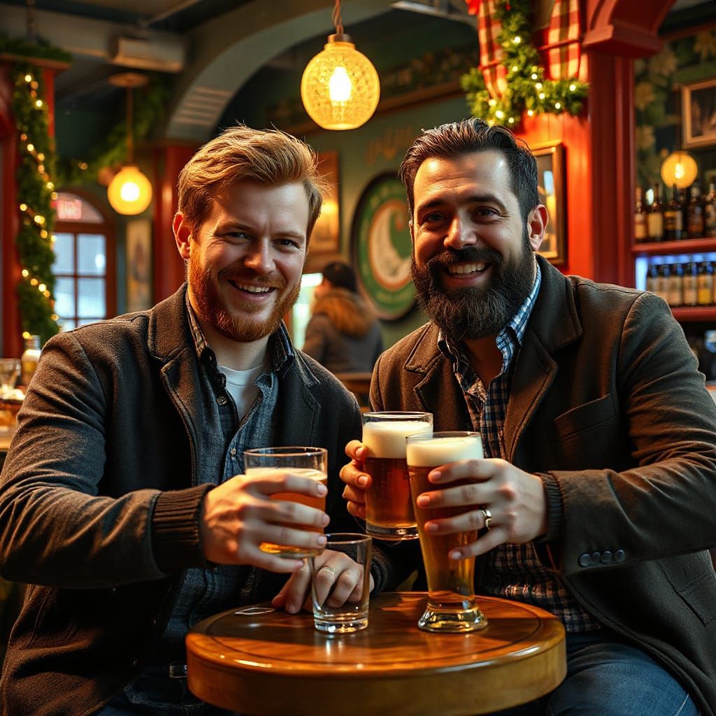 Handsome Men Enjoying Beer in Festive Irish Bar