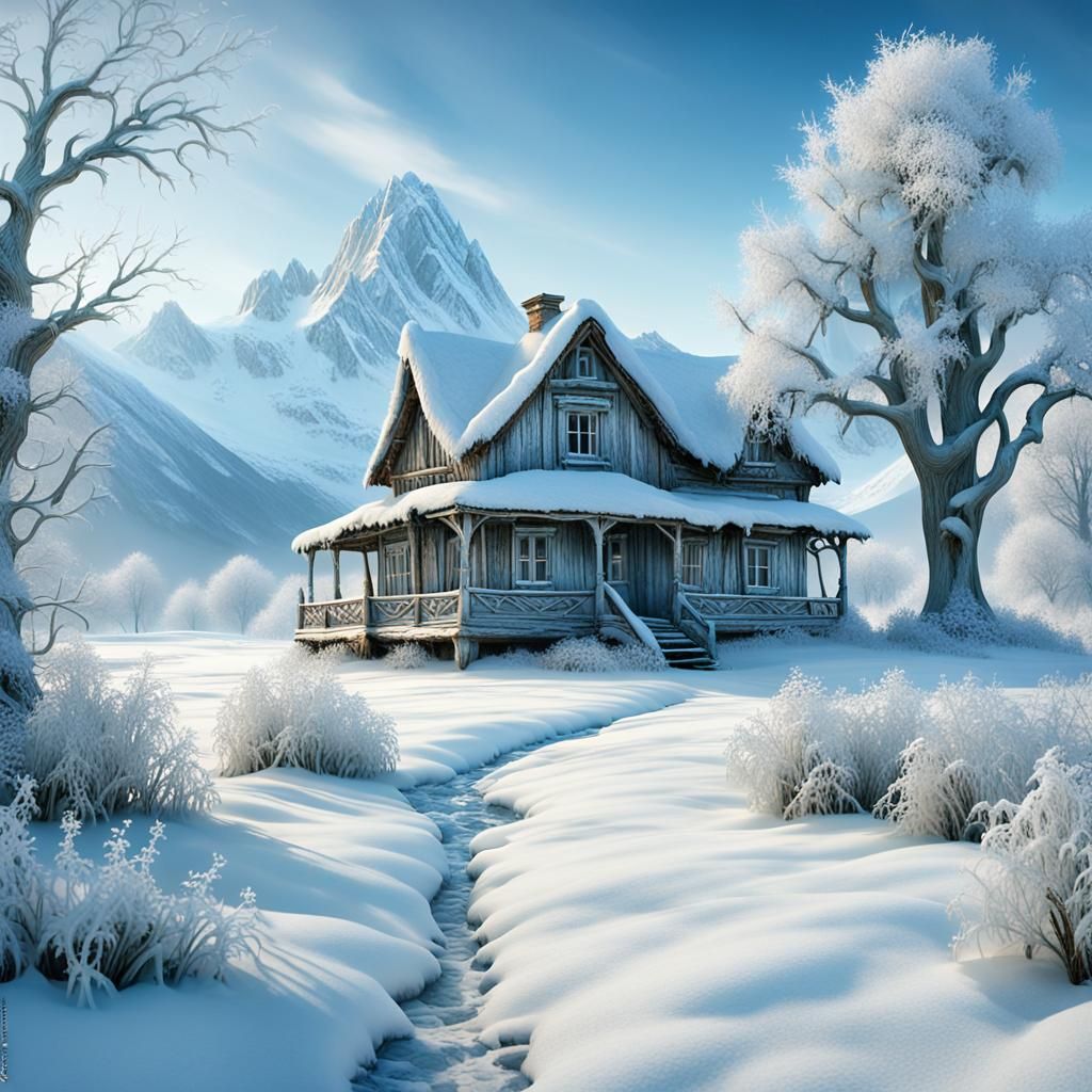 Surreal Winter Glade with Snow-Covered House
