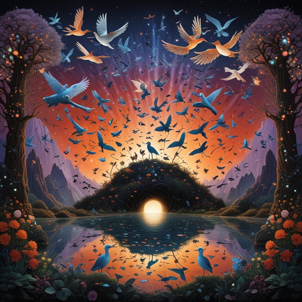 Ethereal Conductor Transforms into Birds Amid Cosmic Energy