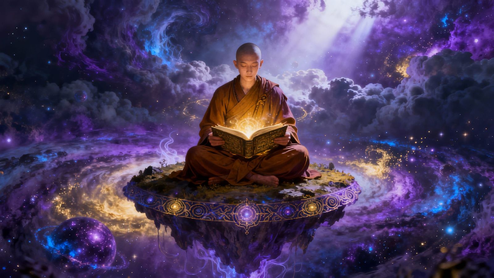 Monk Meditating on Floating Island in Cosmic Nebula